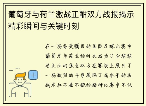 葡萄牙与荷兰激战正酣双方战报揭示精彩瞬间与关键时刻