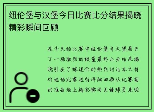 纽伦堡与汉堡今日比赛比分结果揭晓精彩瞬间回顾